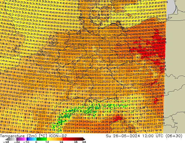 Temperatura (2m) ICON-D2 dom 26.05.2024 12 UTC