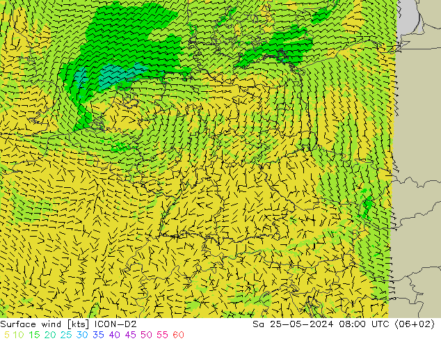 ветер 10 m ICON-D2 сб 25.05.2024 08 UTC