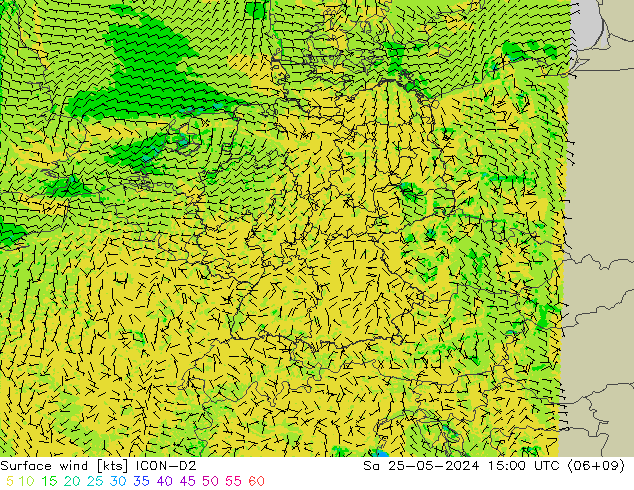 Wind 10 m ICON-D2 za 25.05.2024 15 UTC