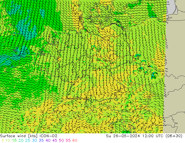 Vento 10 m ICON-D2 dom 26.05.2024 12 UTC