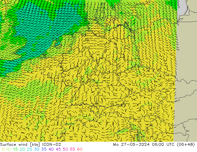 Wind 10 m ICON-D2 ma 27.05.2024 06 UTC