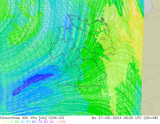 Stroomlijn 300 hPa ICON-D2 ma 27.05.2024 06 UTC