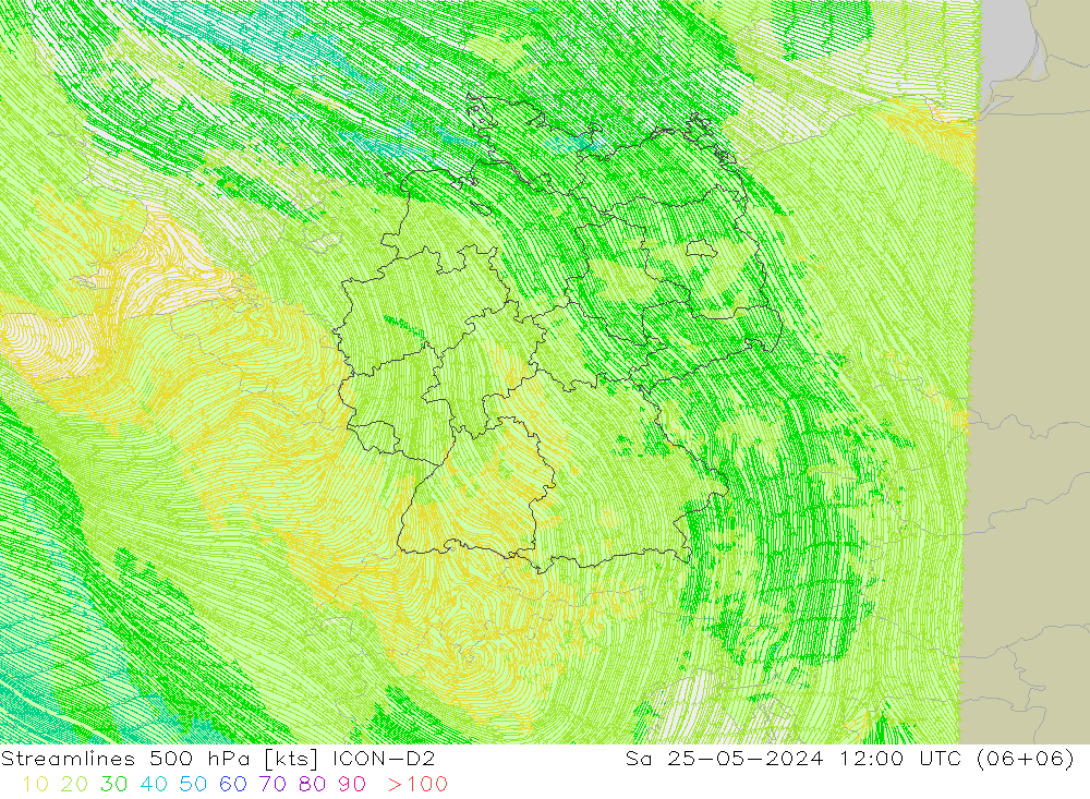 Línea de corriente 500 hPa ICON-D2 sáb 25.05.2024 12 UTC