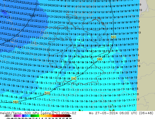 Height/Temp. 500 hPa ICON-D2 Mo 27.05.2024 06 UTC