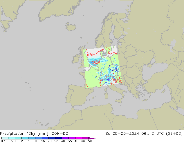 Precipitación (6h) ICON-D2 sáb 25.05.2024 12 UTC