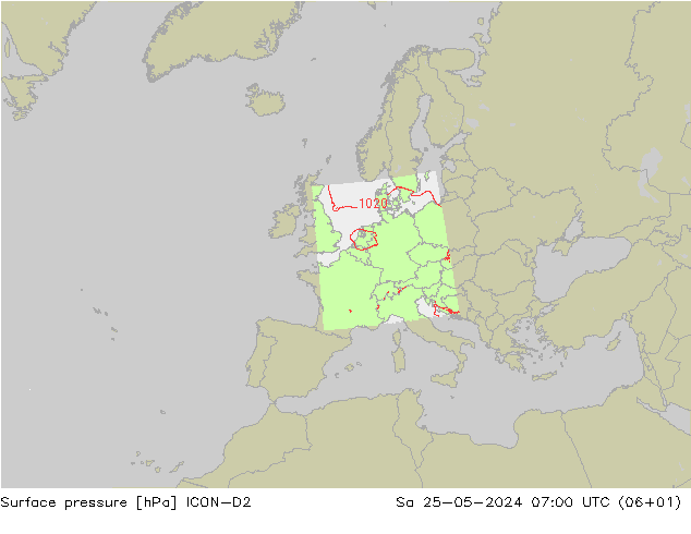 Pressione al suolo ICON-D2 sab 25.05.2024 07 UTC