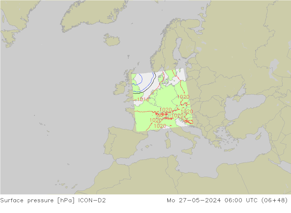 Pressione al suolo ICON-D2 lun 27.05.2024 06 UTC