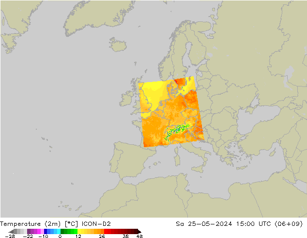 mapa temperatury (2m) ICON-D2 so. 25.05.2024 15 UTC