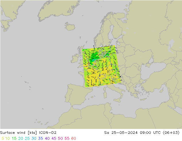 wiatr 10 m ICON-D2 so. 25.05.2024 09 UTC