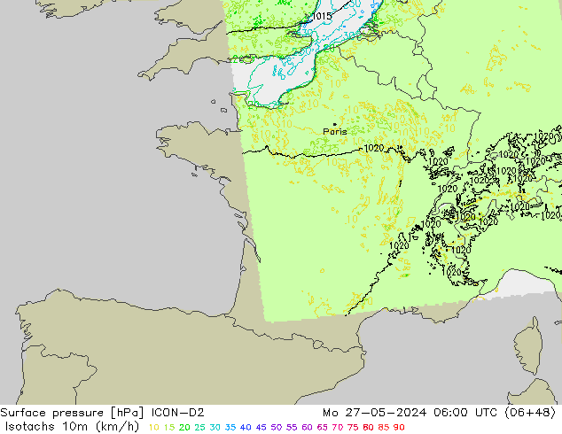 Izotacha (km/godz) ICON-D2 pon. 27.05.2024 06 UTC