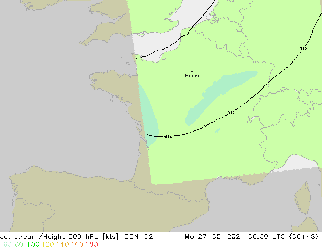 Corriente en chorro ICON-D2 lun 27.05.2024 06 UTC