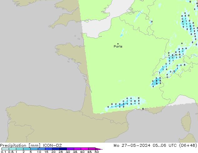 Neerslag ICON-D2 ma 27.05.2024 06 UTC