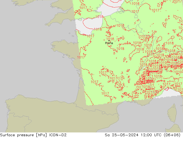 Presión superficial ICON-D2 sáb 25.05.2024 12 UTC