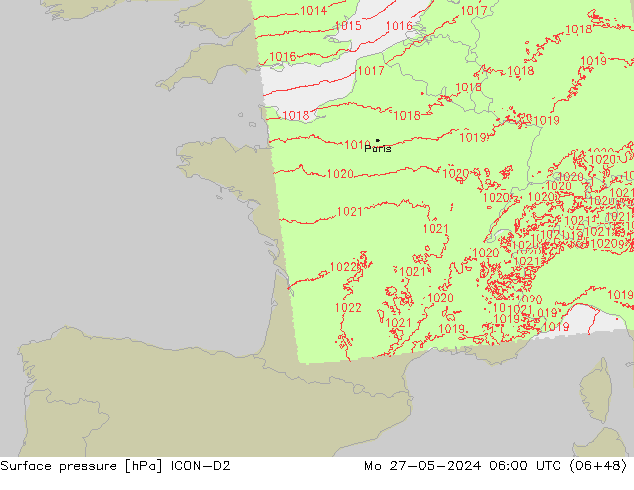 ciśnienie ICON-D2 pon. 27.05.2024 06 UTC