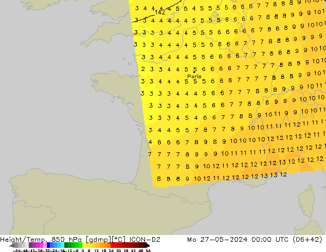 Geop./Temp. 850 hPa ICON-D2 lun 27.05.2024 00 UTC