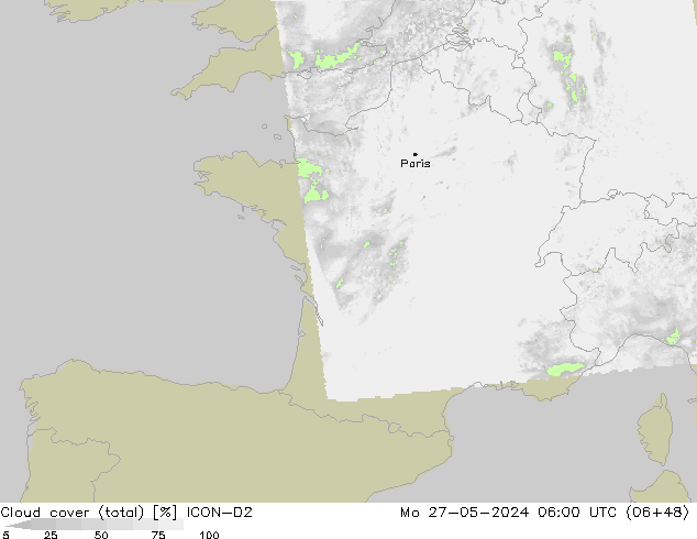 Cloud cover (total) ICON-D2 Mo 27.05.2024 06 UTC