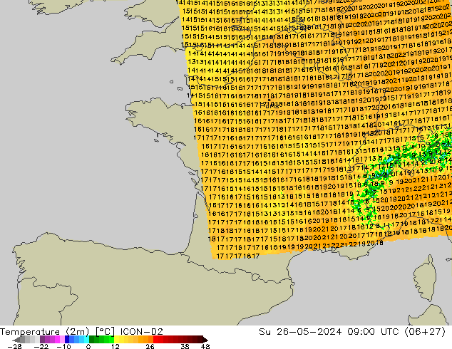 Temperatuurkaart (2m) ICON-D2 zo 26.05.2024 09 UTC