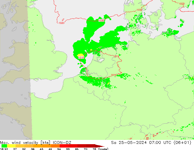 Max. wind velocity ICON-D2 Sa 25.05.2024 07 UTC