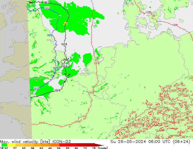 Max. wind velocity ICON-D2 dom 26.05.2024 06 UTC