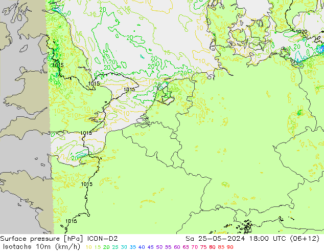 Isotachen (km/h) ICON-D2 Sa 25.05.2024 18 UTC