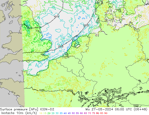 Isotachen (km/h) ICON-D2 ma 27.05.2024 06 UTC