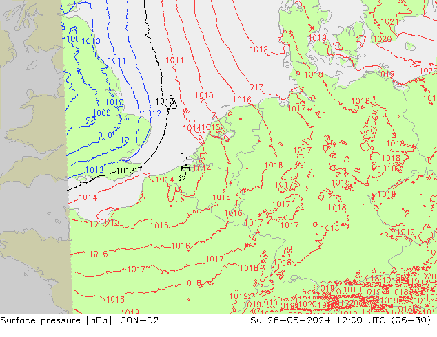 Atmosférický tlak ICON-D2 Ne 26.05.2024 12 UTC