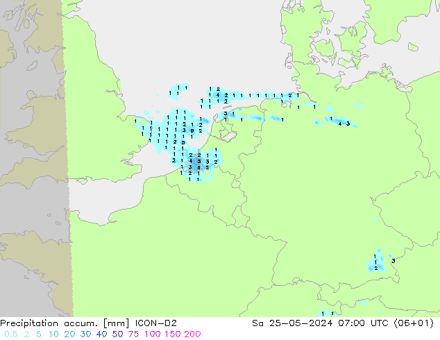 Precipitación acum. ICON-D2 sáb 25.05.2024 07 UTC