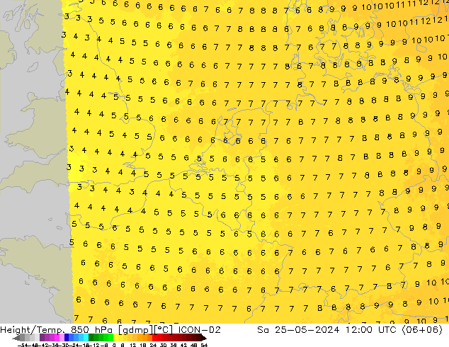 Hoogte/Temp. 850 hPa ICON-D2 za 25.05.2024 12 UTC