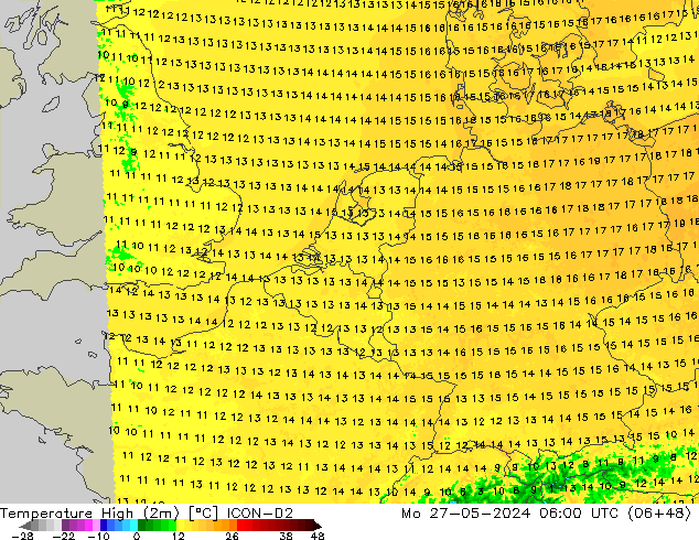 Temp. massima (2m) ICON-D2 lun 27.05.2024 06 UTC