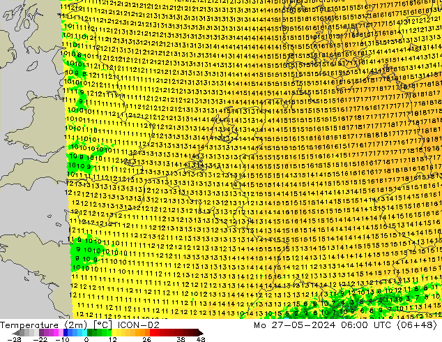 Temperatura (2m) ICON-D2 Seg 27.05.2024 06 UTC