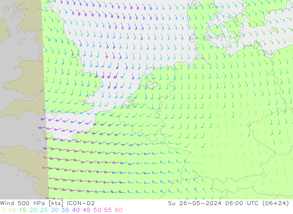 Vent 500 hPa ICON-D2 dim 26.05.2024 06 UTC