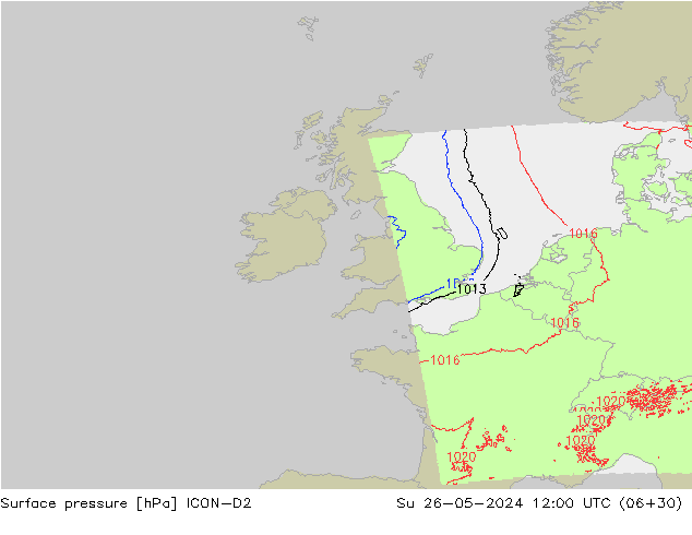 Luchtdruk (Grond) ICON-D2 zo 26.05.2024 12 UTC