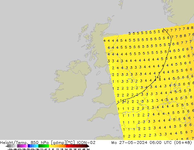 Geop./Temp. 850 hPa ICON-D2 lun 27.05.2024 06 UTC