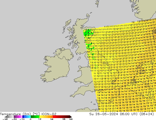 Temperatura (2m) ICON-D2 Dom 26.05.2024 06 UTC