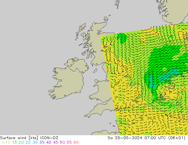 Wind 10 m ICON-D2 za 25.05.2024 07 UTC