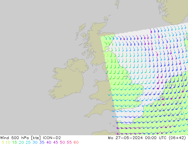 wiatr 500 hPa ICON-D2 pon. 27.05.2024 00 UTC