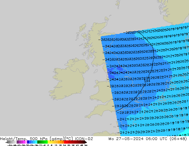 Height/Temp. 500 hPa ICON-D2 Seg 27.05.2024 06 UTC