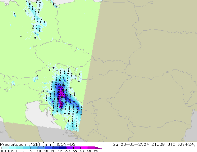 Totale neerslag (12h) ICON-D2 zo 26.05.2024 09 UTC