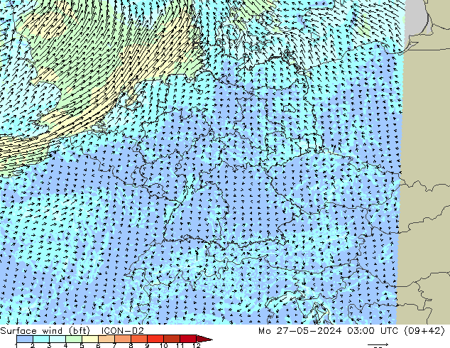 Surface wind (bft) ICON-D2 Po 27.05.2024 03 UTC