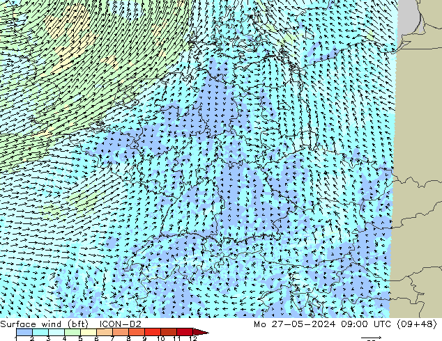 Surface wind (bft) ICON-D2 Mo 27.05.2024 09 UTC
