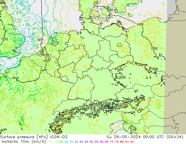 Isotachs (kph) ICON-D2 Dom 26.05.2024 09 UTC