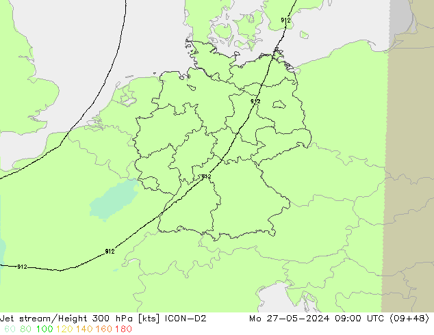 Corriente en chorro ICON-D2 lun 27.05.2024 09 UTC