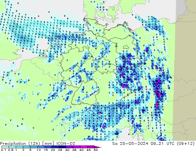 осадки (12h) ICON-D2 сб 25.05.2024 21 UTC