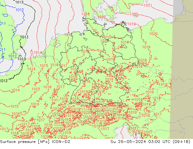 Presión superficial ICON-D2 dom 26.05.2024 03 UTC