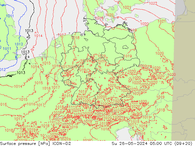 Pressione al suolo ICON-D2 dom 26.05.2024 05 UTC