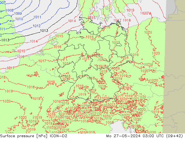 Surface pressure ICON-D2 Mo 27.05.2024 03 UTC