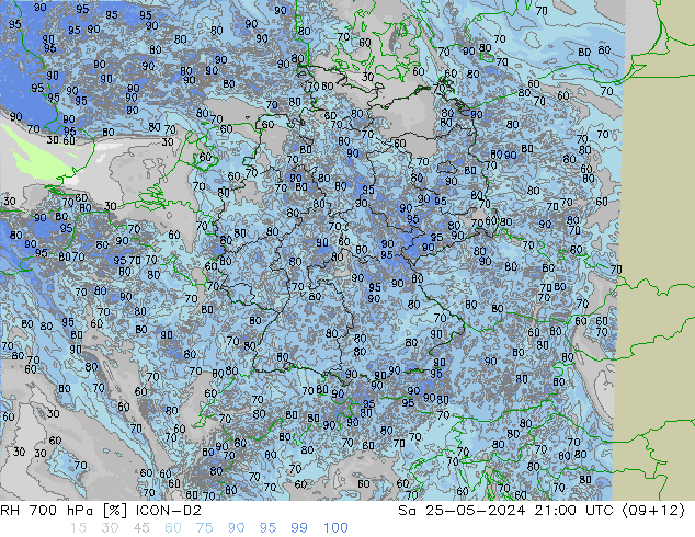 RH 700 hPa ICON-D2 Sa 25.05.2024 21 UTC
