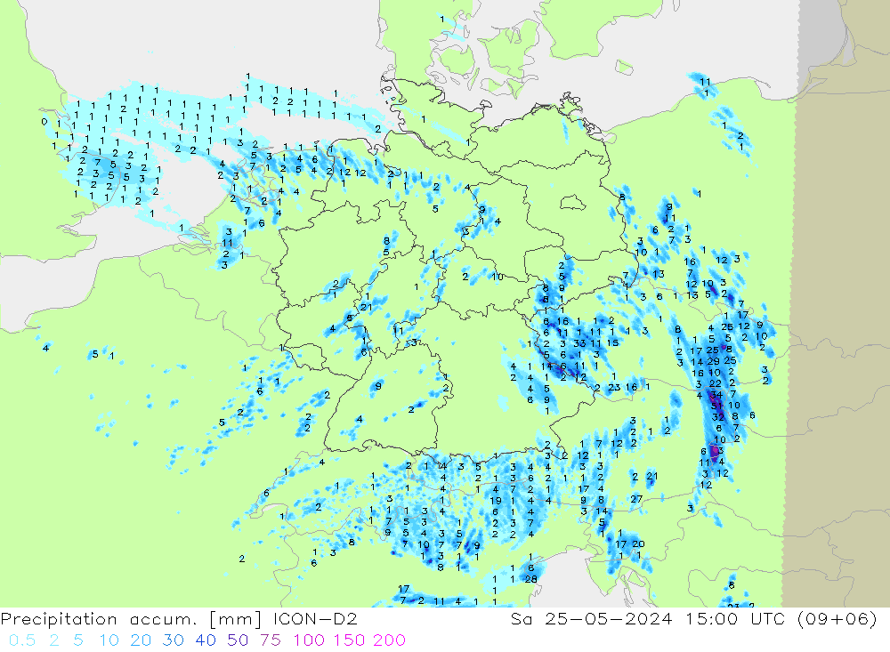 Precipitation accum. ICON-D2 星期六 25.05.2024 15 UTC