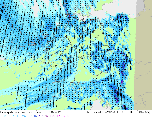 Precipitación acum. ICON-D2 lun 27.05.2024 06 UTC