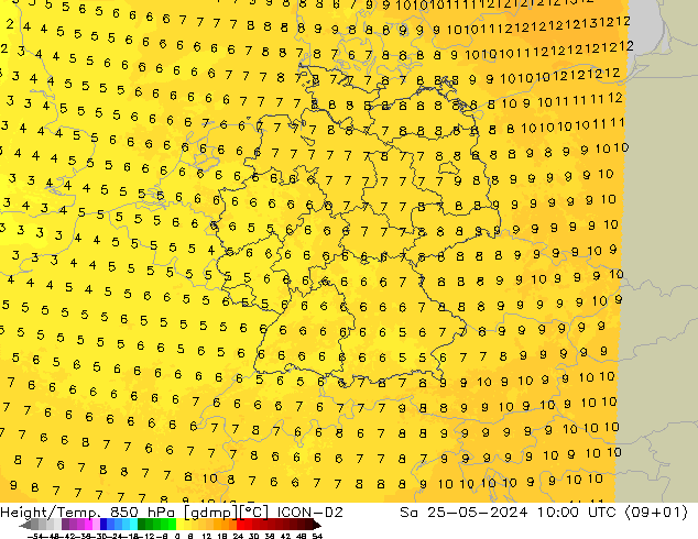 Height/Temp. 850 hPa ICON-D2 Sa 25.05.2024 10 UTC